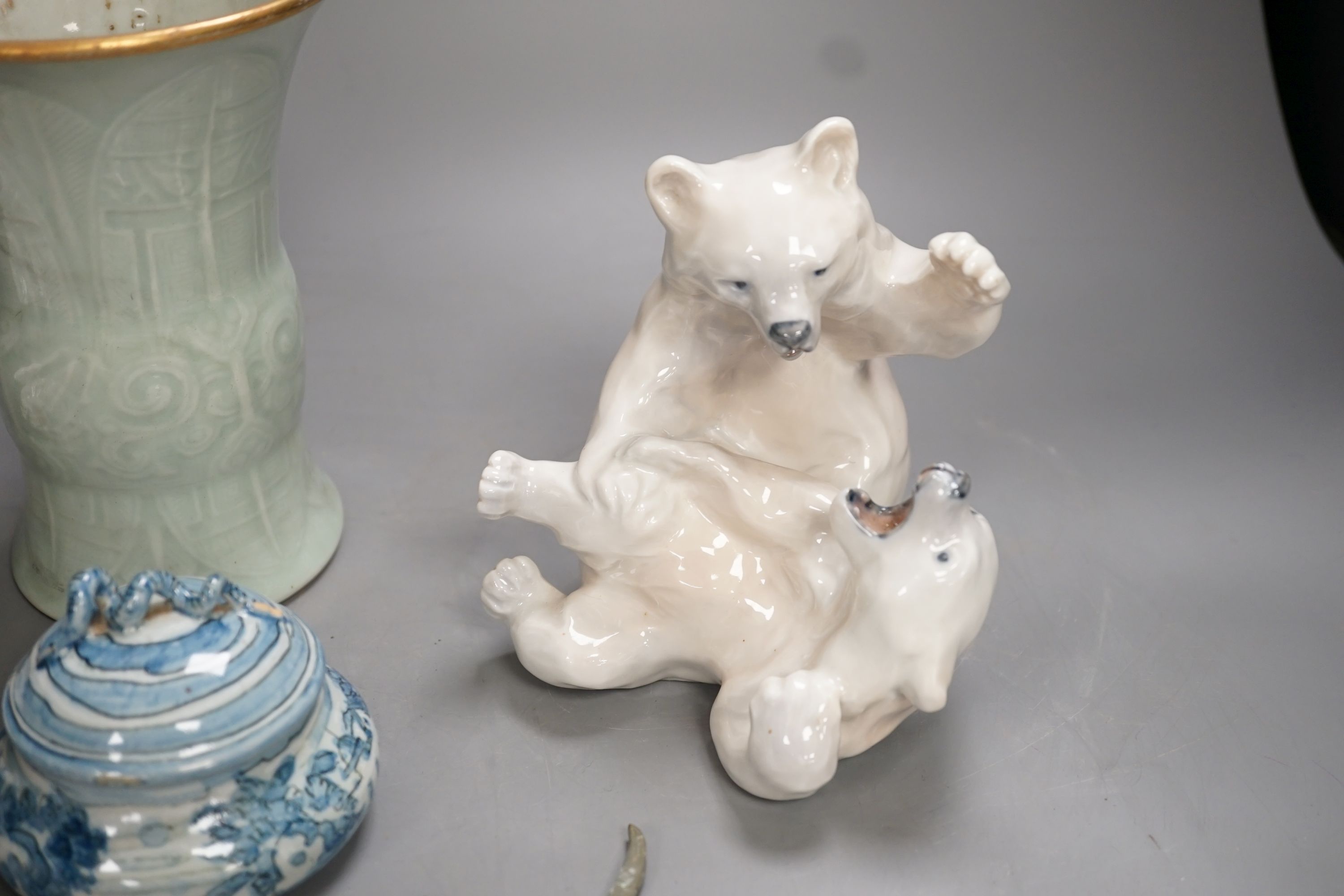 A Royal Copenhagen group of polar bears, a Meissen floral painted ‘shell’ dish, a Japanese celadon ground vase, Italian pottery box and cover etc.